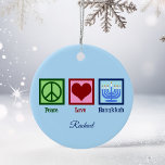 Peace Love Hanukkah Cute Blue Personalized Ceramic Ornament<br><div class="desc">Peace Love Hanukkah ornament for a Jewish person who likes to celebrate Chanukah or Christmakkuh. A pretty peace sign,  heart,  and a beautiful menorah on a pretty blue monogram gift.</div>