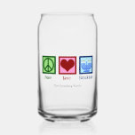 Peace Love Hanukkah Cute Custom Can Glass<br><div class="desc">Peace Love Hanukkah customizable can glass gift with a peace sign,  heart,  and menorah for a Jewish family celebrating Chanukah.</div>