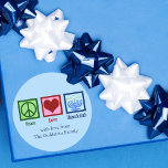 Peace Love Hanukkah Cute Custom Gift Classic Round Sticker<br><div class="desc">Custom Peace Love Hanukkah stickers for a Chanukah gift or party favour. A pretty peace sign,  heart,  and a beautiful menorah on a cute blue Jewish holiday sticker.</div>