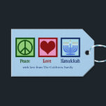 Peace Love Hanukkah Cute Custom Party Gift Tags<br><div class="desc">Custom Peace Love Hanukkah party favour tags for a Chanukah gift. A pretty peace sign,  heart,  and a beautiful menorah on a cute blue Jewish holiday gift tag.</div>