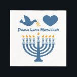 Peace Love Hanukkah Napkin<br><div class="desc">Festival of Lights Hanukkah design that says PEACE LOVE HANUKKAH with a dove and olive branch, heart and lit menorah. PinkInkArt original!</div>