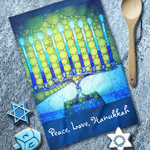 Peace Love Hanukkah Script Blue Green Menorah Kitchen Towel