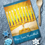 Peace Love Hanukkah Script Yellow Gold Menorah  Kitchen Towel<br><div class="desc">“Peace, love, Hanukkah.” A close-up photo of a bright, colorful, yellow and gold artsy menorah helps you usher in the holiday of Hanukkah in style. Feel the warmth and joy of the holiday season whenever you use this bright, colorful Hanukkah kitchen towel. Matching cards, postage, stickers, pillows, housewares, totebags, and...</div>