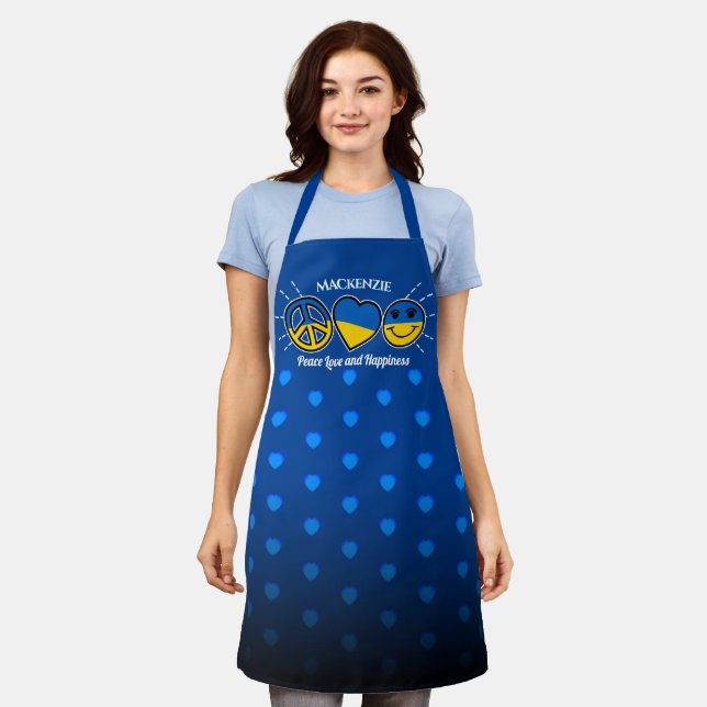 Peace Love Happiness Blue Hearts on BLUE with Name Apron (Worn)