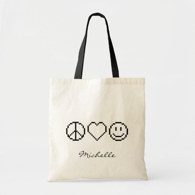 Peace love happiness pixel art tote bag (Front)