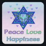 Peace Love Happiness Square Sticker<br><div class="desc">Hearts,  Star of David,  and the words "Peace Love Happiness" are a lovely way to say Happy Hanukkah.</div>