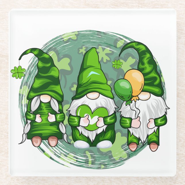 PEACE LOVE HAPPY ST PATRICKS DAY CUTE GNOMES GLASS COASTER (Front)