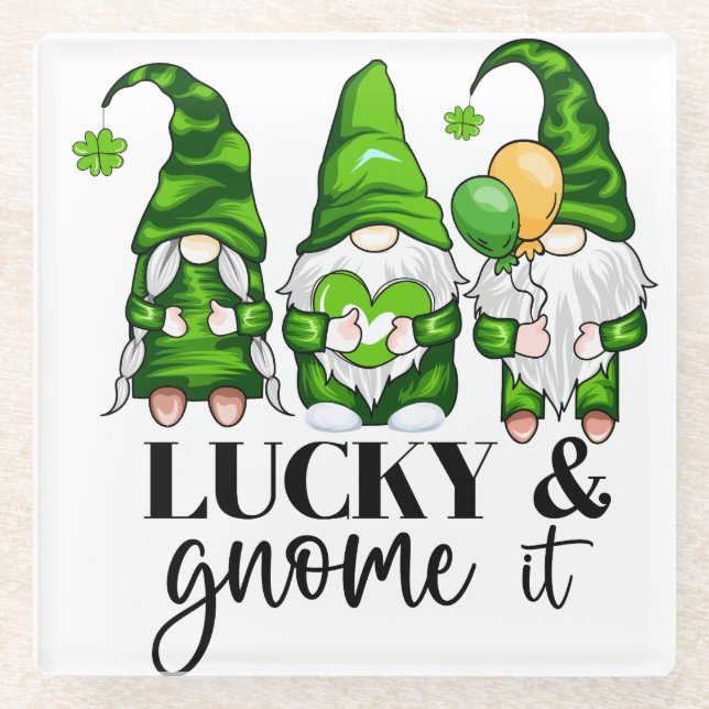 PEACE LOVE HAPPY ST PATRICKS DAY CUTE GNOMES GLASS COASTER (Front)