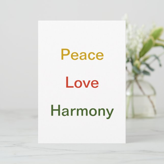 Peace Love Harmony gold red green Holiday Card (Standing Front)