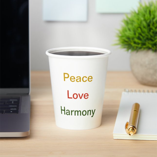 Peace Love Harmony red green gold Paper cup (Insitu)