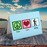 Peace Love Hiking Holiday Card<br><div class="desc">A peace sign, heart, and a hiker. I love hiking on trails and camping. A great outdoors person gift.</div>