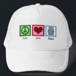 Peace Love Hippos Cute Hippo Trucker Hat<br><div class="desc">A peace sign,  heart,  and a cute hippo on a fun hat for a hippos mascot team. I love adorable,  chubby animals. Peace Love Hippos cap.</div>