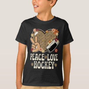 Peace Love Hockey Lover Leopard Print Girls Cute I T-Shirt