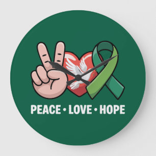 Peace Love Hope - Green Ribbon Awareness & Suppor Large Clock
