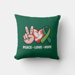 Peace Love Hope - Green Ribbon Awareness & Suppor Throw Pillow