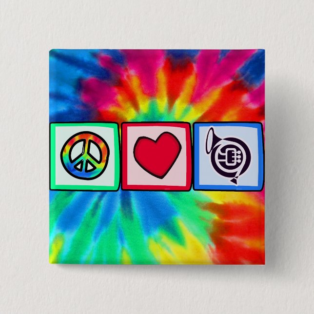 Peace, Love, Horns 2 Inch Square Button (Front)