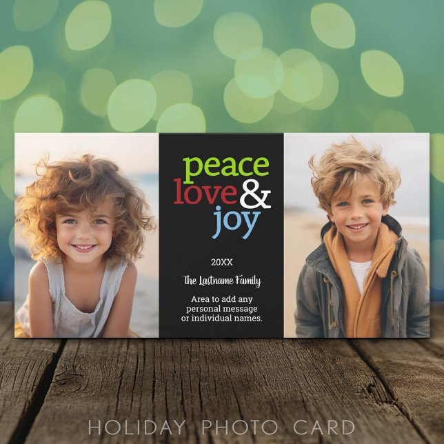 Peace Love Joy - 2 Photo - red green blue Holiday Card (Classic Holiday Photo Card)