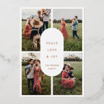 Peace Love Joy 4 Photo Modern Minimalist Christmas Foil Holiday Card<br><div class="desc">Peace Love Joy: a modern Christmas card with a contemporary design and a 4 photo collage.</div>