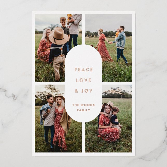 Peace Love Joy 4 Photo Modern Minimalist Christmas Foil Holiday Card (Front)
