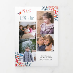 Peace love joy and berries Christmas holiday photo Tri-Fold Holiday Card