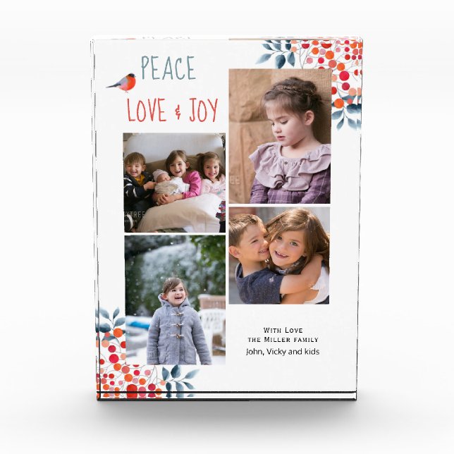 Peace, love, joy and berries Christmas keepsake Photo Block (Front)