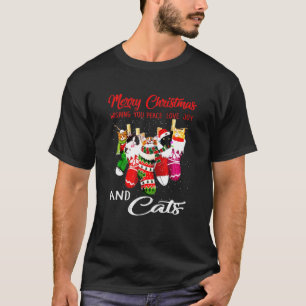 Peace Love Joy And Cat In Sock Christmas T-Shirt