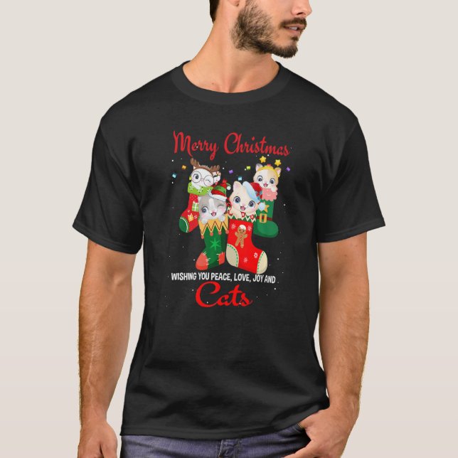 Peace Love Joy And Cats In Sock Christmas For Cat T-Shirt (Front)