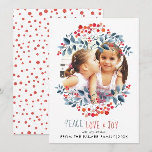 Peace Love Joy and coral berries Christmas photo Holiday Card
