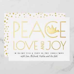 Peace, Love, Joy and dove Christmas gold Foil Holiday Card