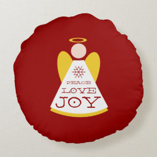 Peace Love Joy Angel Holiday Red And Gold Round Pillow