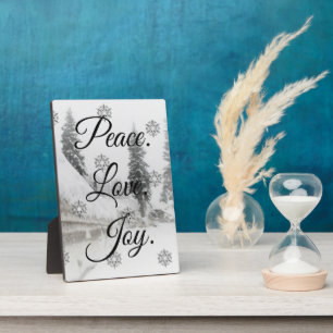 Peace Love Joy Black & White Snowfall Christmas Plaque