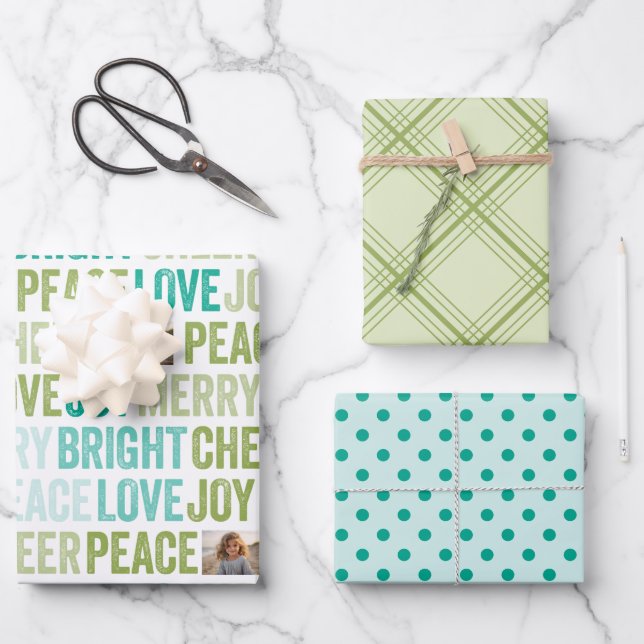 Peace Love Joy Bright Merry Cheer 1 Photo patterns Wrapping Paper Sheet (Front)