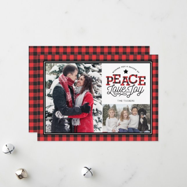 PEACE Love Joy Buffalo Plaid Border 2-Photo Holiday Card (Front/Back In Situ)