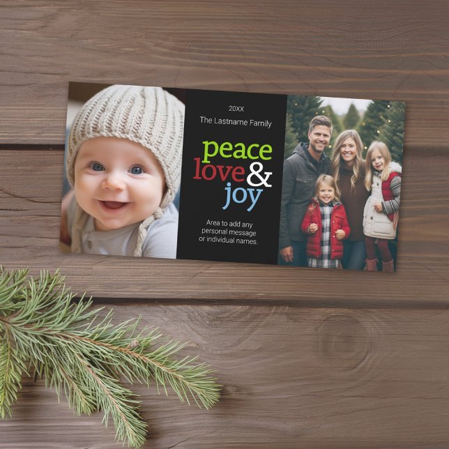 Peace Love Joy Christmas 2 Photo Collage Holiday Card (Add 2 photos to this classic photo card that can be printed or sent out to friends and family.)