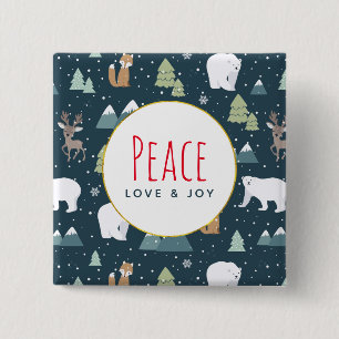 Peace Love & Joy Christmas Animals Pattern 2 Inch Square Button
