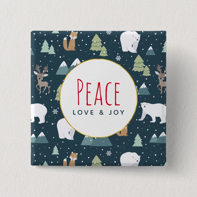 Peace Love & Joy Christmas Animals Pattern 2 Inch Square Button (Front)
