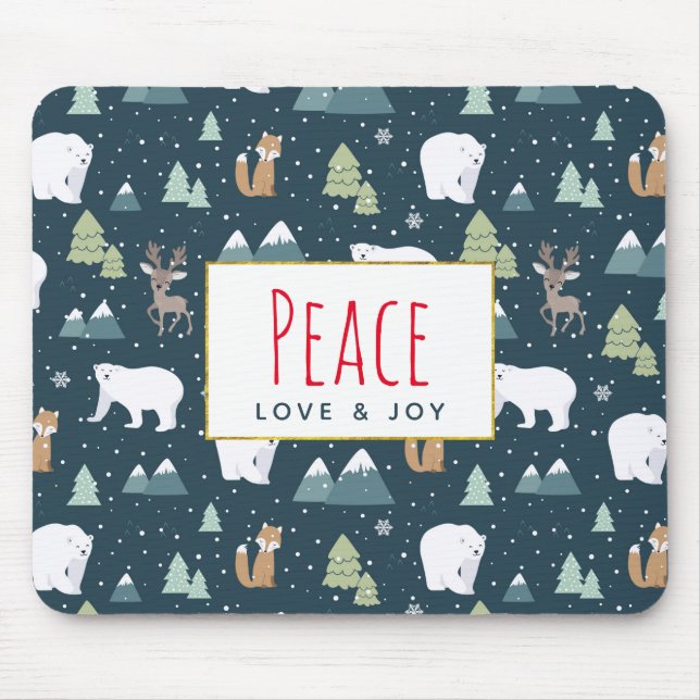 Peace Love & Joy Christmas Animals Pattern Mouse Pad (Front)