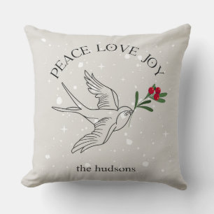 PEACE LOVE JOY Christmas Holiday Red Berries Throw Pillow