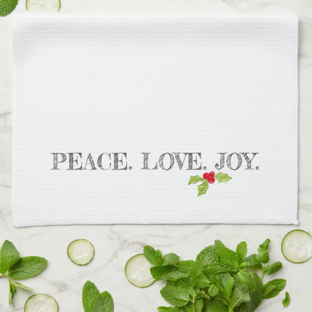 Peace Love Joy Christmas Holly Festive Holiday Kitchen Towel (Folded)