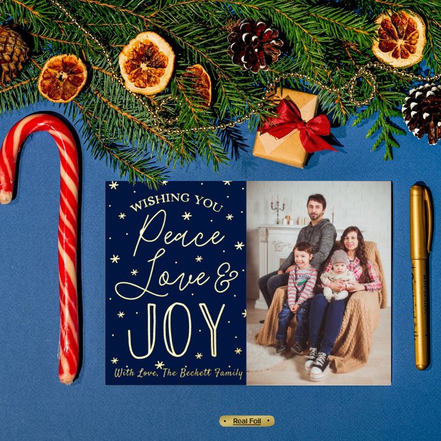 Peace, Love & Joy Christmas Photo Real Foil Holiday Card (Creator Uploaded)