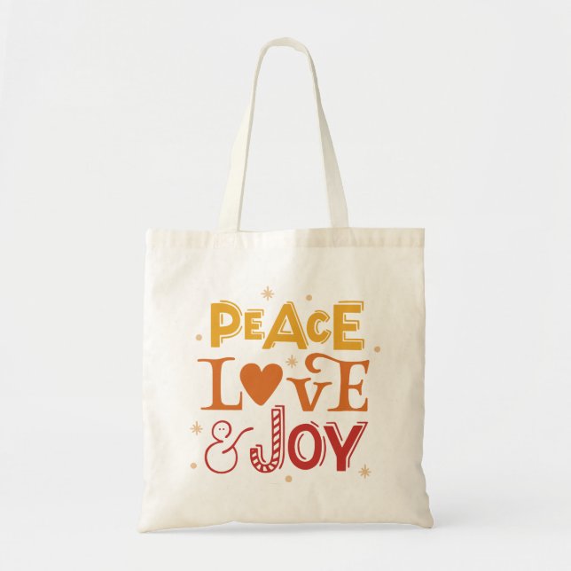 Peace Love Joy. Christmas yellow red lettering Tote Bag (Front)