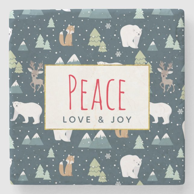 Peace Love & Joy Cute Christmas Animals Pattern Stone Coaster (Front)