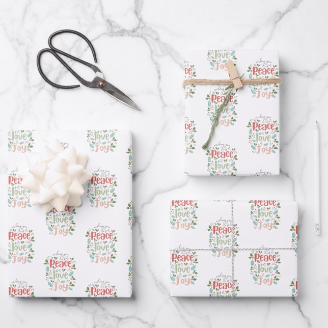 Peace Love Joy Cute Modern Christmas Wrapping Paper Sheet (Front)