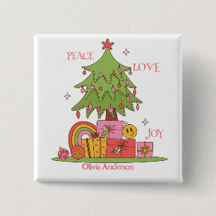 Peace, Love & Joy - Cute Retro Christmas Tree  2 Inch Square Button