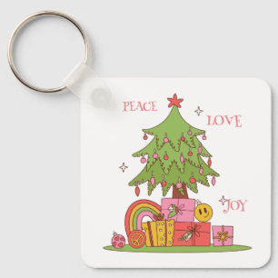 Peace, Love & Joy - Cute Retro Christmas Tree  Keychain