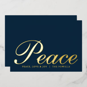 Peace Love Joy Elegant Typography Navy Blue Gold Foil Holiday Card