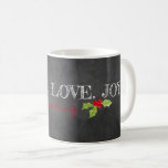 Peace Love Joy Family Name Holly Chalkboard  Coffee Mug<br><div class="desc">Modern Typography on black chalkboard background. Custom PEACE. LOVE. JOY. in white, custom THE NAME FAMILY in red. Holly accent. Easy to personalize text, text colour, font. Great Holiday Decor for ANY Christmas Gathering, Person, Family, Hostess Gift, Event. Festive, Colourful, Timeless. Mix and match entire Holiday / Christmas / Typography...</div>