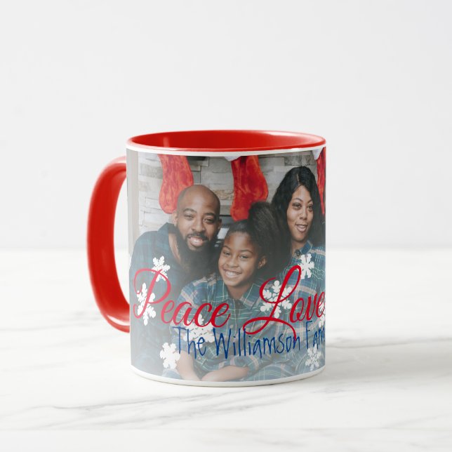 Peace Love Joy Family Photo Red White Snowflake Mug (Front Left)