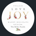 Peace Love Joy Festive Winter Floral Berries  Classic Round Sticker<br><div class="desc">Peace Love Joy Festive Winter Floral Berries Classic Round Sticker</div>