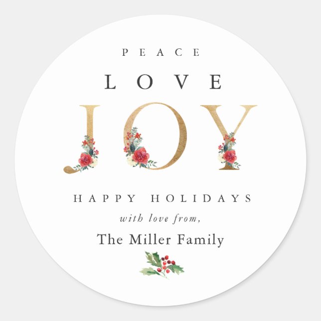 Peace Love Joy Festive Winter Floral Berries  Classic Round Sticker (Front)